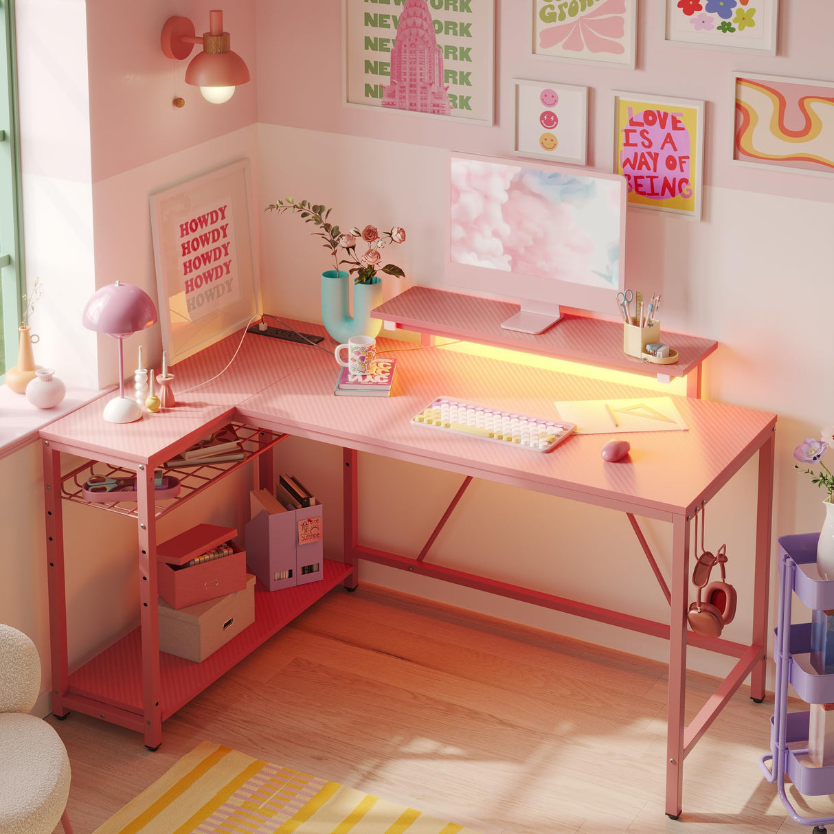 Bestier 52" Gaming Desk with Integrated Power Outlet & USB Ports, L-Shaped Computer Desk with LED Strip & Headphone Hooks, Perfect for Home Office Pink Bestier
