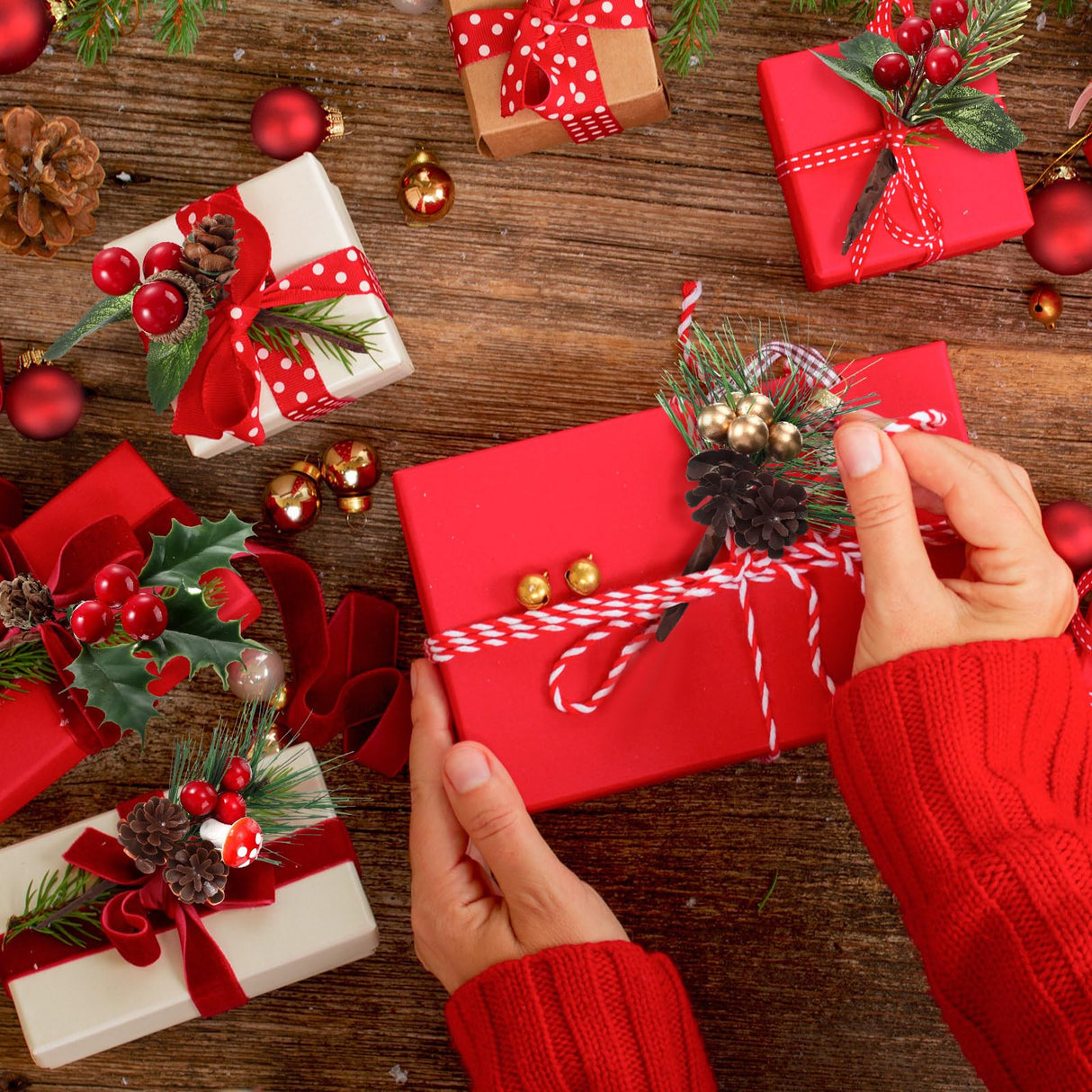 Panelee 48 Pcs Christmas Artificial Pine Picks Floral Pine Cones Sprays Wreath Christmas Decorations Berry Stem Branches with Holly Leaves for Xmas Tree Christmas Winter Holiday Panelee