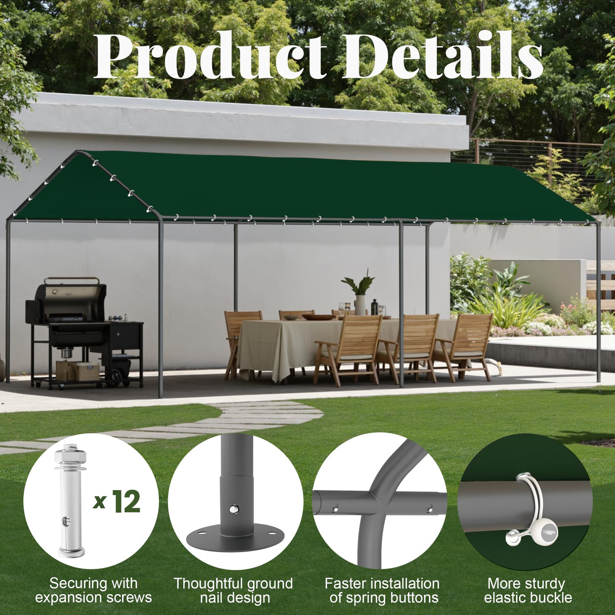 Carport, 10‘ x 20’ Heavy Duty Portable Garage All-Season Car Canopy w/Removable Sidewall & Doors, Carport Canopy Party Tent w/Water-Resistant Tarp for Backyard (Green, 10' x 20' /no Side) Phonjoroo