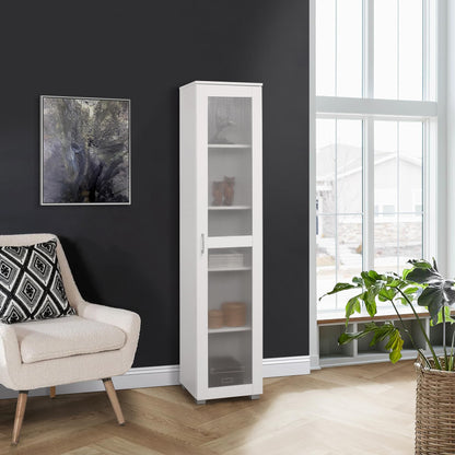 Kings Brand Furniture Romero Tall Curio Storage Cabinet - Tall Bookshelf Perfect for Living Room, Kitchen, Bedroom & Office - Storage Cabinet with 5 Storage Shelving & 1 Glass Door Display - White