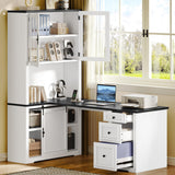 YITAHOME L Shaped Executive Desk with Hutch and Drawers, Farmhouse Home Office Desk with Power Outlet, Wood Corner Computer Desk with Sliding Door, Storage Cabinet with Glass Door, White & Black YITAHOME