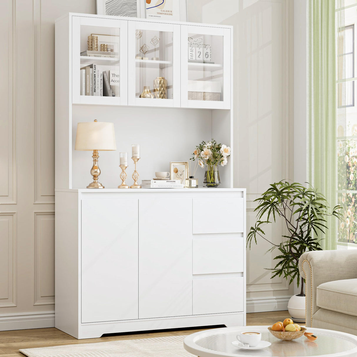 71" Tall Finetones Multi-functional Kitchen Pantry Cabinet with LED Lights and Charging Station finetones