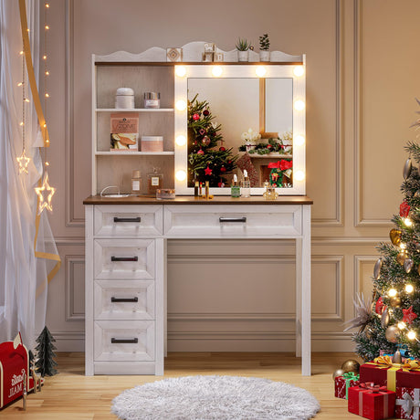 ChicFurnit Makeup Vanity,Vanity Desk with 3 Levels of Open Storage Shelves & Built-in Charging Station,Farmhouse Vanity with Sliding Mirror,3-Color Lighting & Hidden Storage for Bedroom,White&Brown ChicFurnit