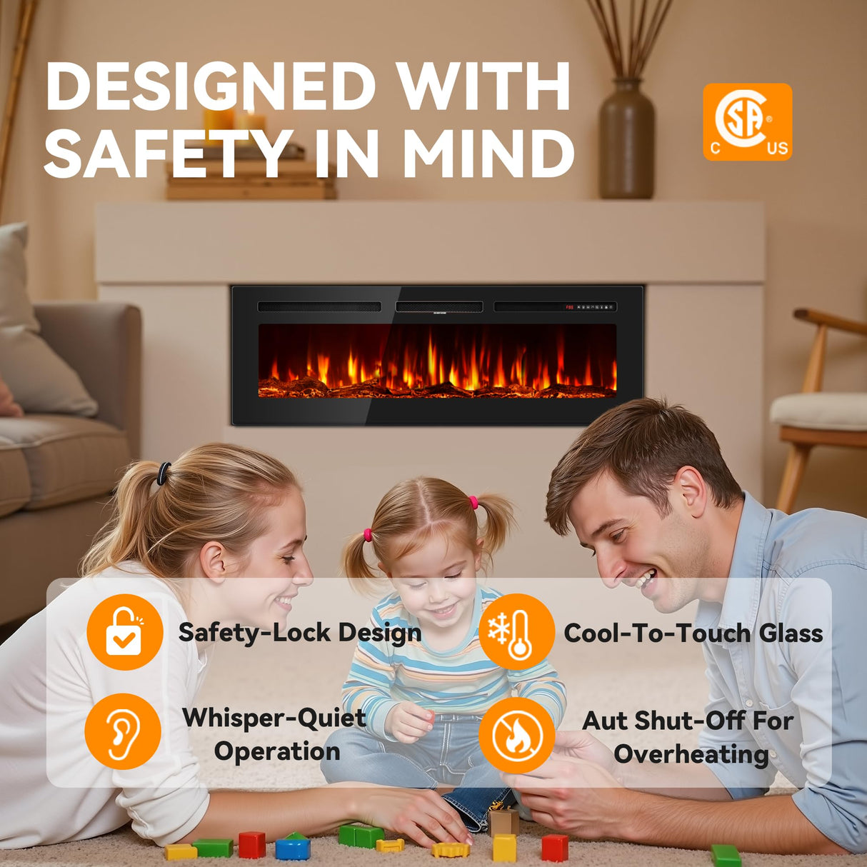 60 Inch Electric Fireplace in-Wall Recessed and Wall Mounted, Ultra-Thin Linear Fireplace Heater 750/1500W with Realistic Flame, Higher Temperatures & Lower Noise, Log Set & Crystal Options Tehanld