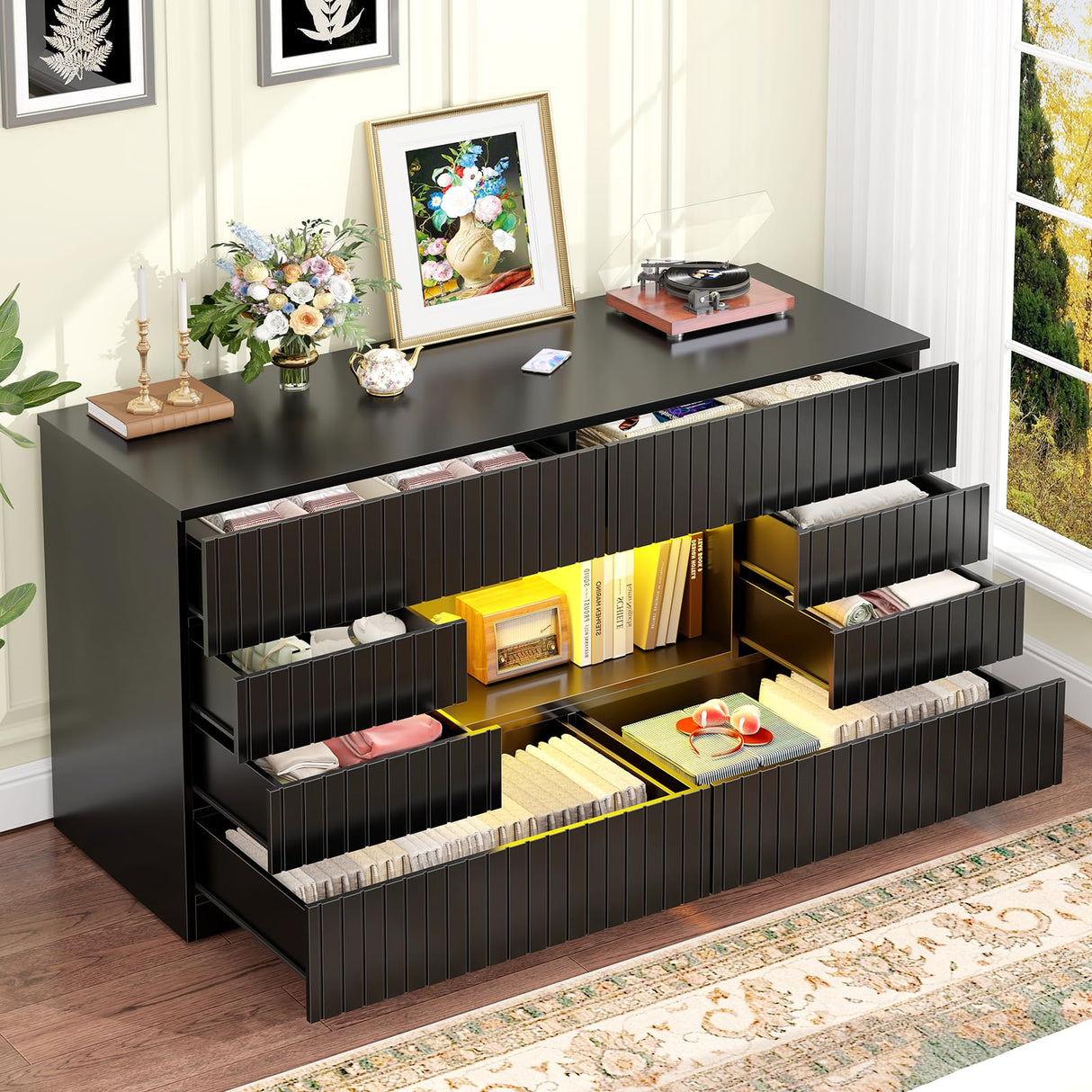 CSZZD 8 Drawer TV Stand for Bedroom, 55" Black Dresser with LED Lights & Open Storage, Modern Long Chest of Drawers for Closet, LED Drawer Organizer Cabinet for Bedroom, Living Room CSZZD