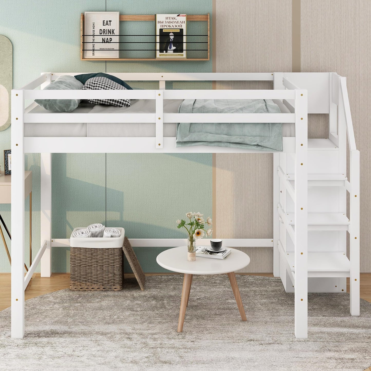 Harper & Bright Designs White Full Loft Bed with Storage Staircase and Wardrobe for Kids - WoodArtSupply