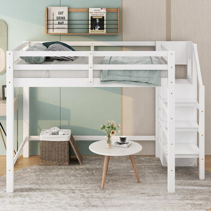 Harper & Bright Designs White Full Loft Bed with Storage Staircase and Wardrobe for Kids - WoodArtSupply