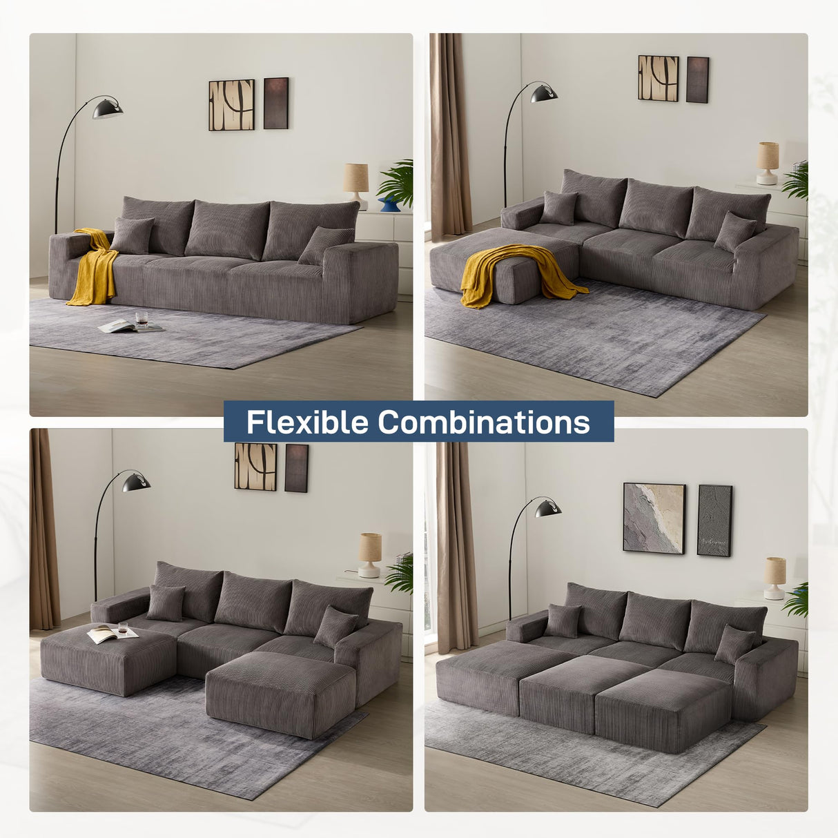 Sectional Modern Sleeper Sofa Couches for Living Room-113'' Grey 3 Seater U-Shaped Lounge Cloud Couch-No Assembly Modular Corduroy Convertible Sponge Compression Sofas with Chaise for Home House Living&Giving