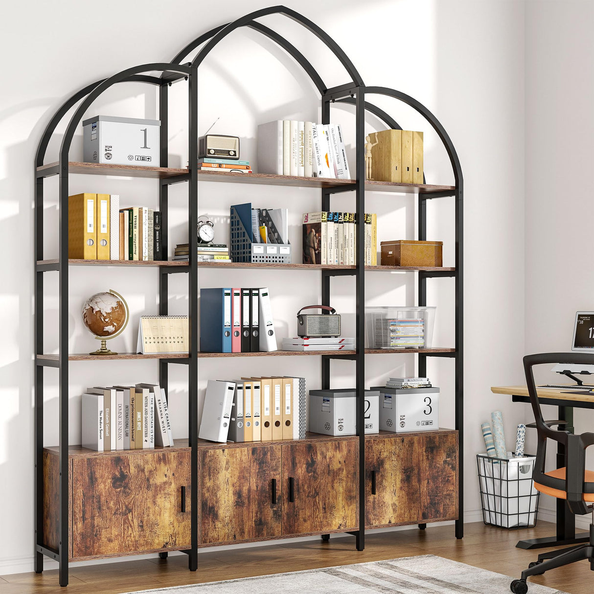 Nosepen Triple Wide 5 Tier Tall Arched Bookshelf and Bookcase with 3 Cabinets, Industrial Metal Etagere Open Bookshelf, Rustic Wood Standing Book Shelf with Black Metal Frame for Bedroom Living Room Nosepen