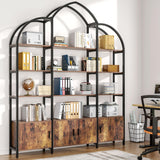 Nosepen Triple Wide 5 Tier Tall Arched Bookshelf and Bookcase with 3 Cabinets, Industrial Metal Etagere Open Bookshelf, Rustic Wood Standing Book Shelf with Black Metal Frame for Bedroom Living Room Nosepen