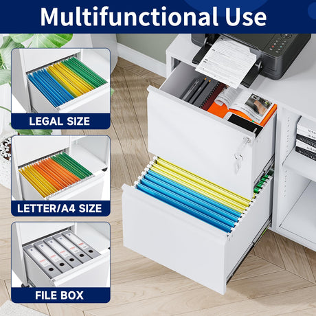Yizosh 2-Drawer Metal File Cabinet with Lock, Mobile Lateral Filing Cabinet, Printer Stand with Adjustable Storage Shelves for Home Office (White) Yizosh