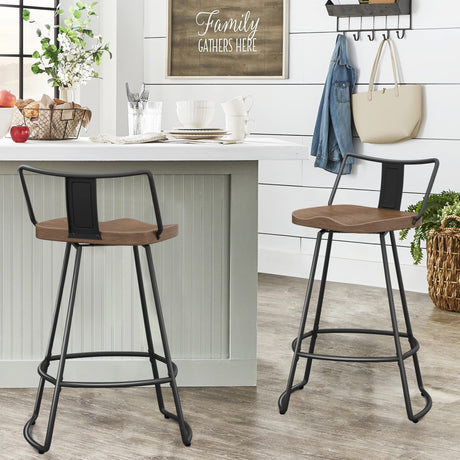 Yongqiang 24" Swivel Metal Bar Stools with Backs - Set of 2 Industrial Kitchen Chairs with Wooden Seats in Matte Black Yongqiang