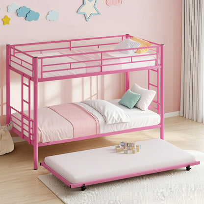 VECELO Twin Over Twin Bunk Bed with Trundle, Convertible Metal Bunkbeds with 2 Ladders and Guardrails, Space Saving, No Box Spring, Pink