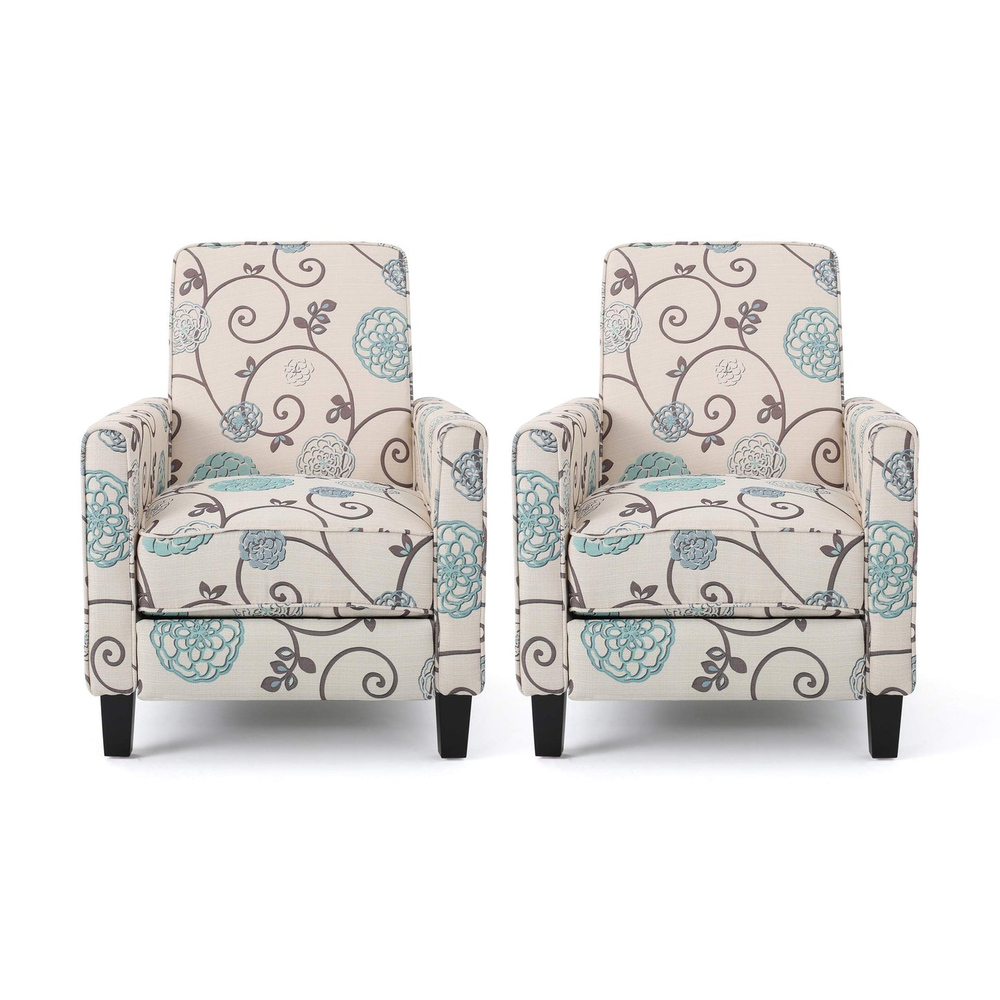 Christopher Knight Home Emmie Fabric Recliner (Set of 2), Light Beige with Blue Floral, Dark Brown - WoodArtSupply