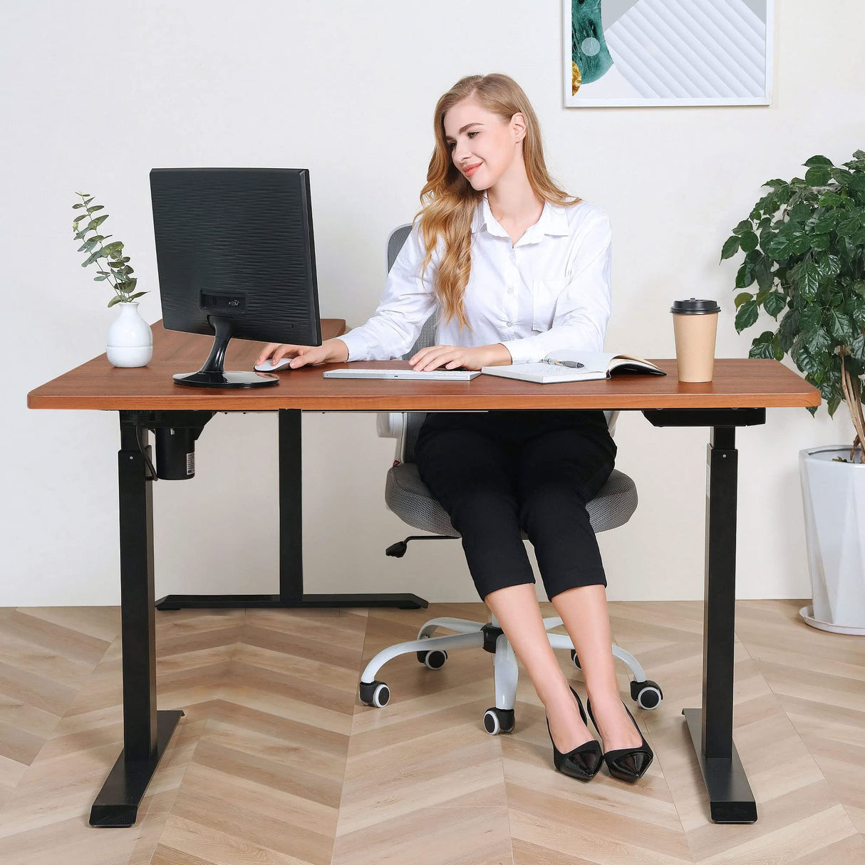 BRODAN Electric Standing L Desk with Power Charging Station, Adjustable Height Sit Stand Home Office Desk, L Shaped Computer Desk, 67x59 inches Corner Stand Up Desk, Walnut Top with Black Frame BRODAN