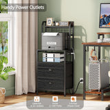 Furologee 41'' Tall Nightstand with Charging Station, Bedside Table with LED Lights, End Table with 2 Drawers and Storage Shelves, Night Stand with Pegboard for Bedroom, Living Room, Black Oak Furologee