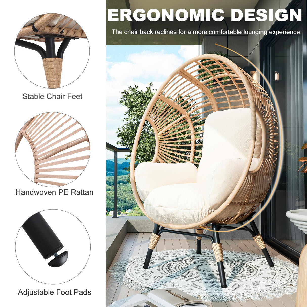 LUTINLIX Oversized Wicker Egg Chair Outdoor Indoor,Patio Lounge Chair with Thicken Cushions & Durable Steel Frame, Egg Basket Chair 500lbs Capacity for Garden, Backyard, Porch,Bedroom (Beige-Regular) LUTINLIX