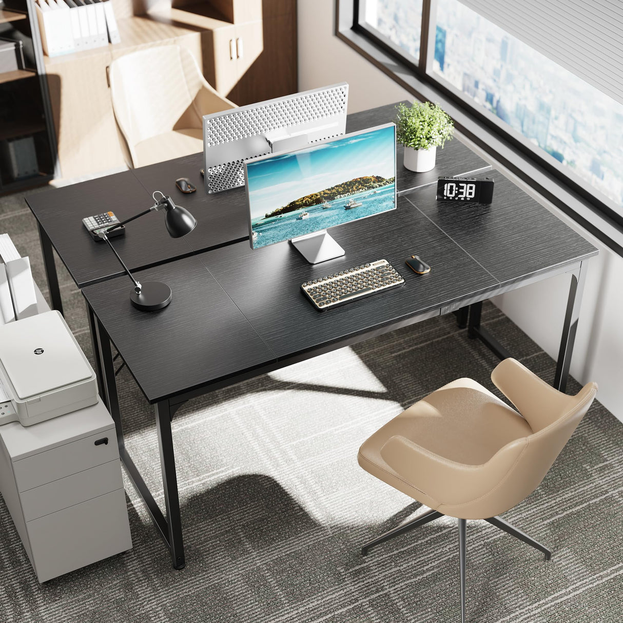 Huuger Modern Simple Office Desk, 63 Inch, Gaming & Writing Desk with Storage, Large Legroom, Metal Frame, Black Huuger