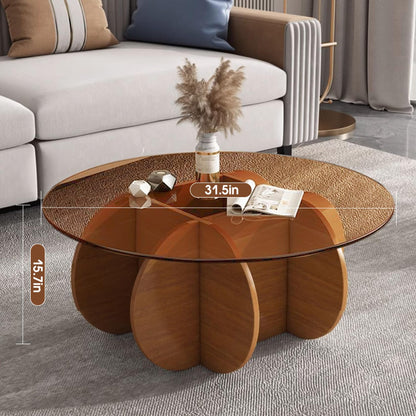 Modern Round Coffee Table with Solid Wood Legs, 31.5'' Glass Coffee Tables for Living Room Rustic Circle Center Cocktail Table with Tempered Glass-Top, Unique Accent Table for Small Spaces