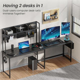 DOMICON Gaming Desk Computer Desk with Storage, L Shaped Desk with Power Outlet & LED Strip, Office Desk with Pegboard, Corner Deck for Home Office Black Wooden Table DOMICON