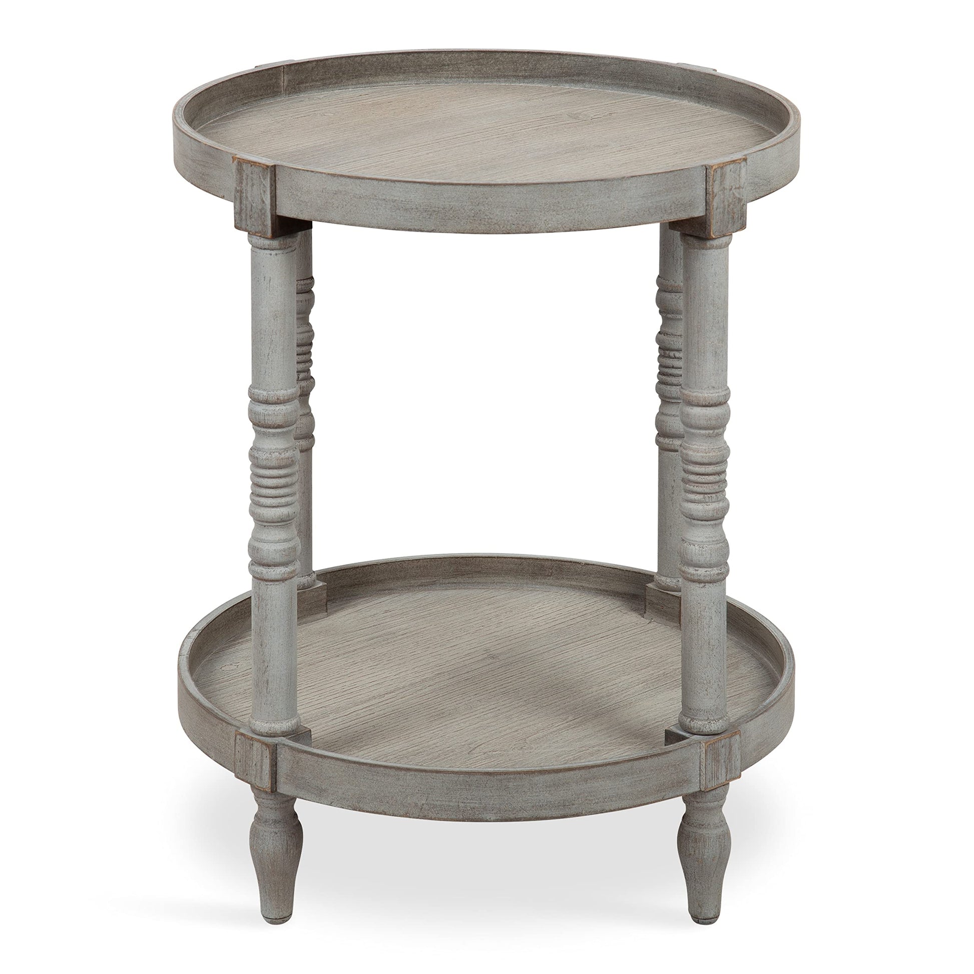 Kate and Laurel Bellport Shabby Chic Round Side Accent Table or Plant Stand with Turned Legs and Lower Shelf, Distressed Gray Finish - WoodArtSupply