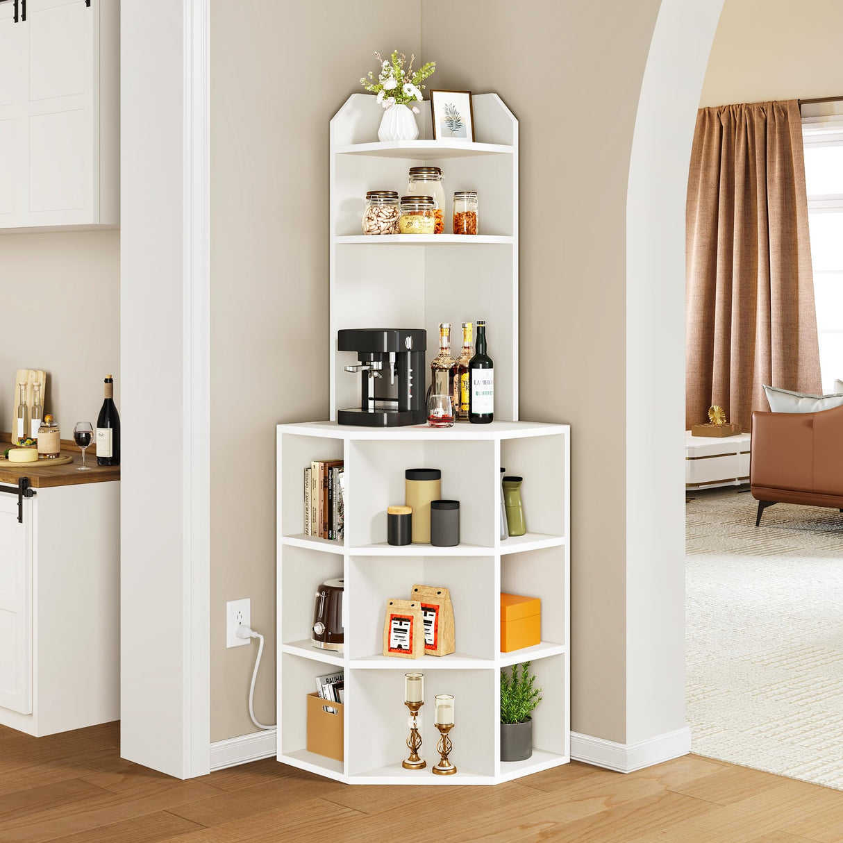 YITAHOME Corner Shelf with USB Ports & Outlets, Modern Corner Storage Cabinet Rack Charging Station, Wooden Display Bookshelf Bookcase for Living YITAHOME