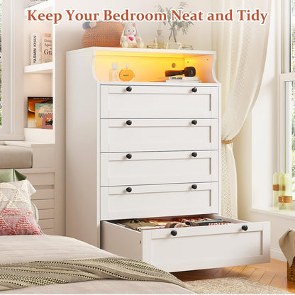 EnHomee Dresser for Bedroom, White Dresser with LED, Tall Dresser with 5 Wood Drawers, White Dresser for Bedroom, Bedroom Dressers & Chests of Drawers, Dressers for Bedroom with Metal Handles