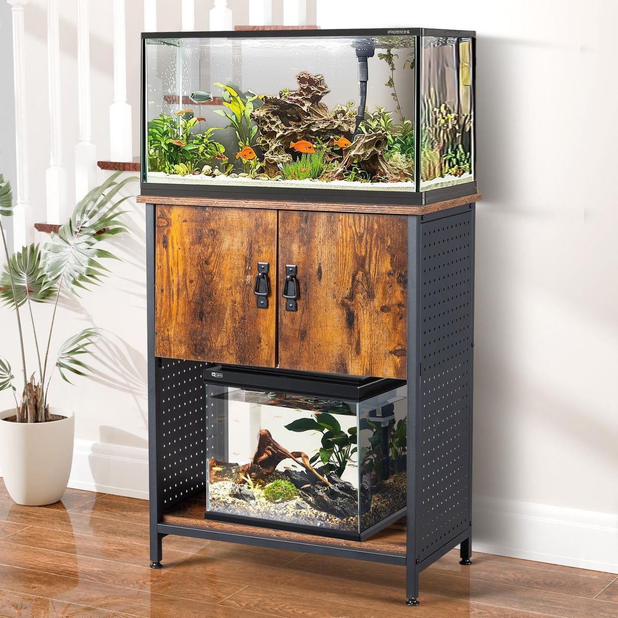 VINGLI 20 Gallon Fish Tank Stand, Metal Frame Aquarium Stand with Cabinet for Double Fish Tank ＆ Accessories Storage, 25.99" L* 13.78" W Tabletop, 550 LBS Capacity, Rustic Brown VINGLI