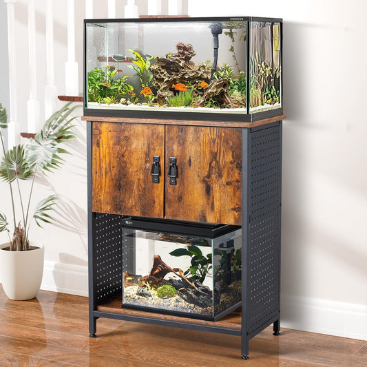 VINGLI 20 Gallon Fish Tank Stand, Metal Frame Aquarium Stand with Cabinet for Double Fish Tank ＆ Accessories Storage, 25.99" L* 13.78" W Tabletop, 550 LBS Capacity, Rustic Brown