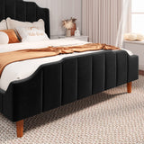 Allewie Queen Size Velvet Bed Frame Upholstered Platform Bed with Vertical Headboard and Footboard, Solid Wood Leg and Strong Slats Support, No Box Spring Needed, Easy Assembly, Black Allewie