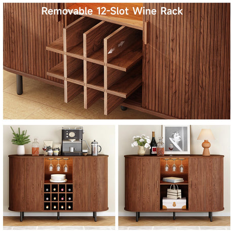 ONBRILL 55" Wine Bar Cabinet with LED Light,Modern Liquor Whiskey Coffee Station with Wine Rack and Glass Holder, Farmhouse Buffet Sideboard with Storage for Living Room, Kitchen, Entryway (Walnut) ONBRILL