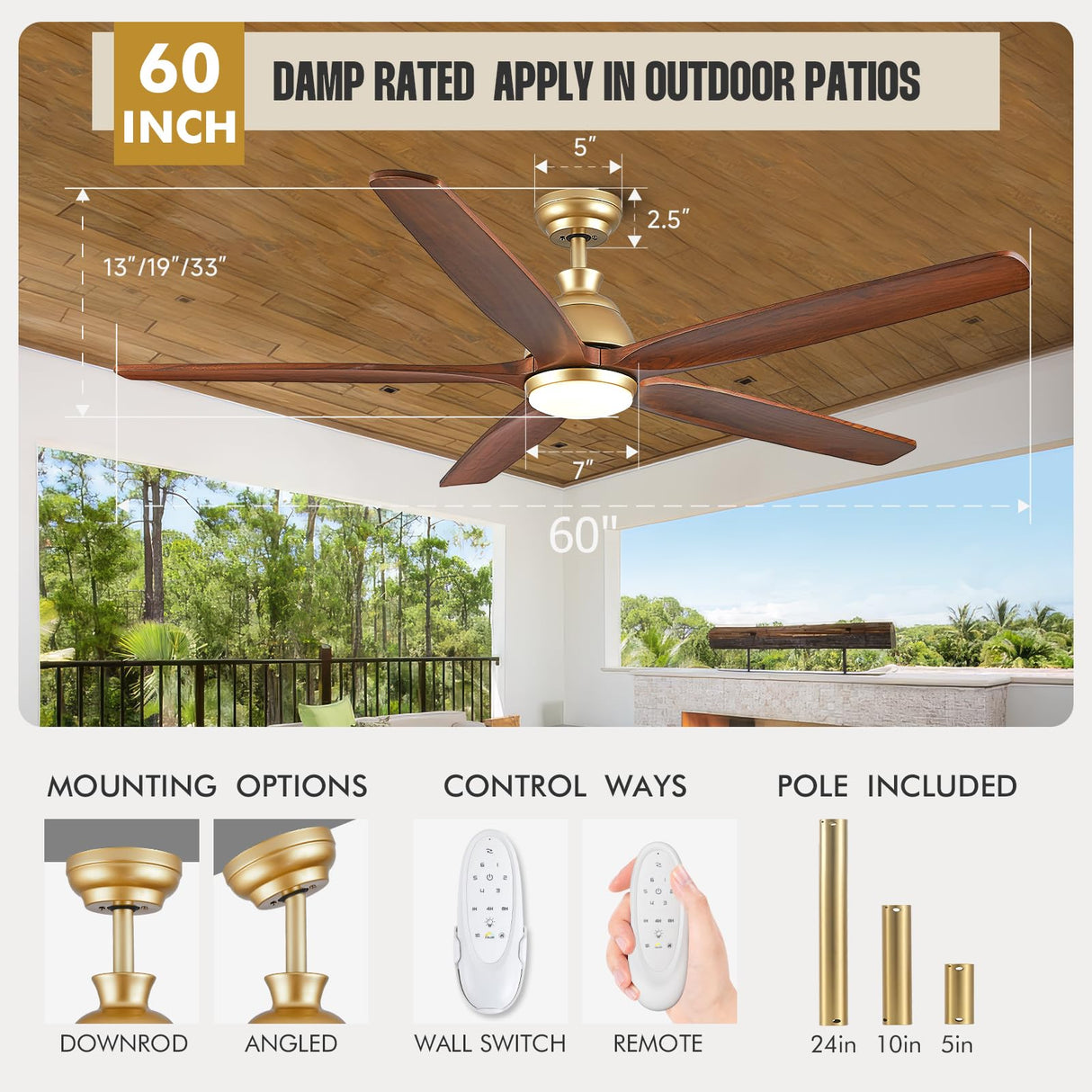 60 Inch Outdoor Ceiling Fan with Light and Remote, Gold Ceiling Fans with Lights, Solid Wood Blade, Quiet Reversible DC Motor, Damp-Rated Large Outdoor Ceiling Fans for Patios Porch Gazebo Farmhouse ShreeFindee