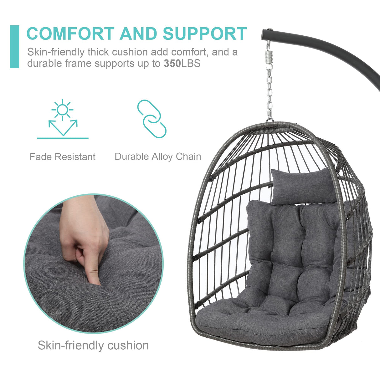 SWITTE Outdoor Hanging Egg Chair with Stand and Cushion, 370LBS Capacity Patio Swing Chair for Garden, Bedroom, Balcony - Dark Gray SWITTE