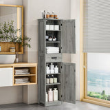 Tall Grey Bathroom Cabinet with 6 Shelves, 2 Doors & Drawer for Narrow Spaces WEENFON