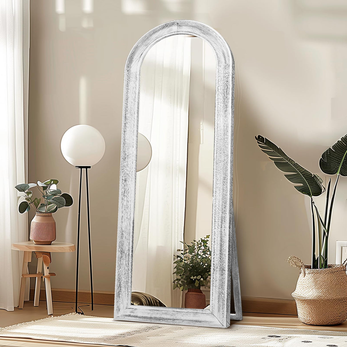 ABSWHLM 65"x22" Arched Full Length Mirror with Stand Solid Wood Frame Floor Large Mirror for Living Room, Bedroom Hanging Standing or Leaning Wall-Mounted, White ABSWHLM