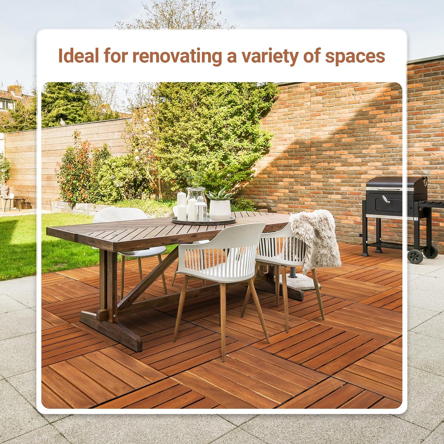 HomeVie 54 PCS Premium Hardwood Interlocking Deck Tiles 12" x 12", Durable and Waterproof All-Weather, Striped Pattern, Golden Teak - WoodArtSupply