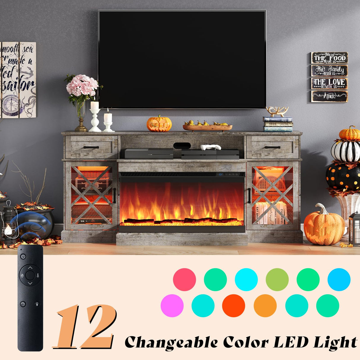 AMERLIFE Farmhouse LED Fireplace TV Stand with 3-Sided Glass Fireplace, 70" Large Entertainment Center for TVs up to 80", Rustic TV Console with Glass Door Storage for Living Room, Light Gray AMERLIFE