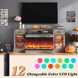 AMERLIFE Farmhouse LED Fireplace TV Stand with 3-Sided Glass Fireplace, 70" Large Entertainment Center for TVs up to 80", Rustic TV Console with Glass Door Storage for Living Room, Light Gray AMERLIFE