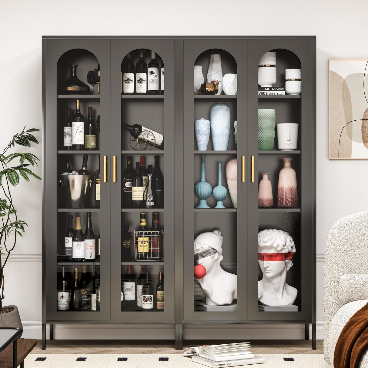 RGGCABINET Display Cabinet, Metal Curio Cabinets with Glass Doors, Black Kitchen Pantry Cabinet, 71" Tall Storage Cabinet with Adjustable Shelves, Lego Glass Cabinet for Dining Room, Home Office RGGCABINET