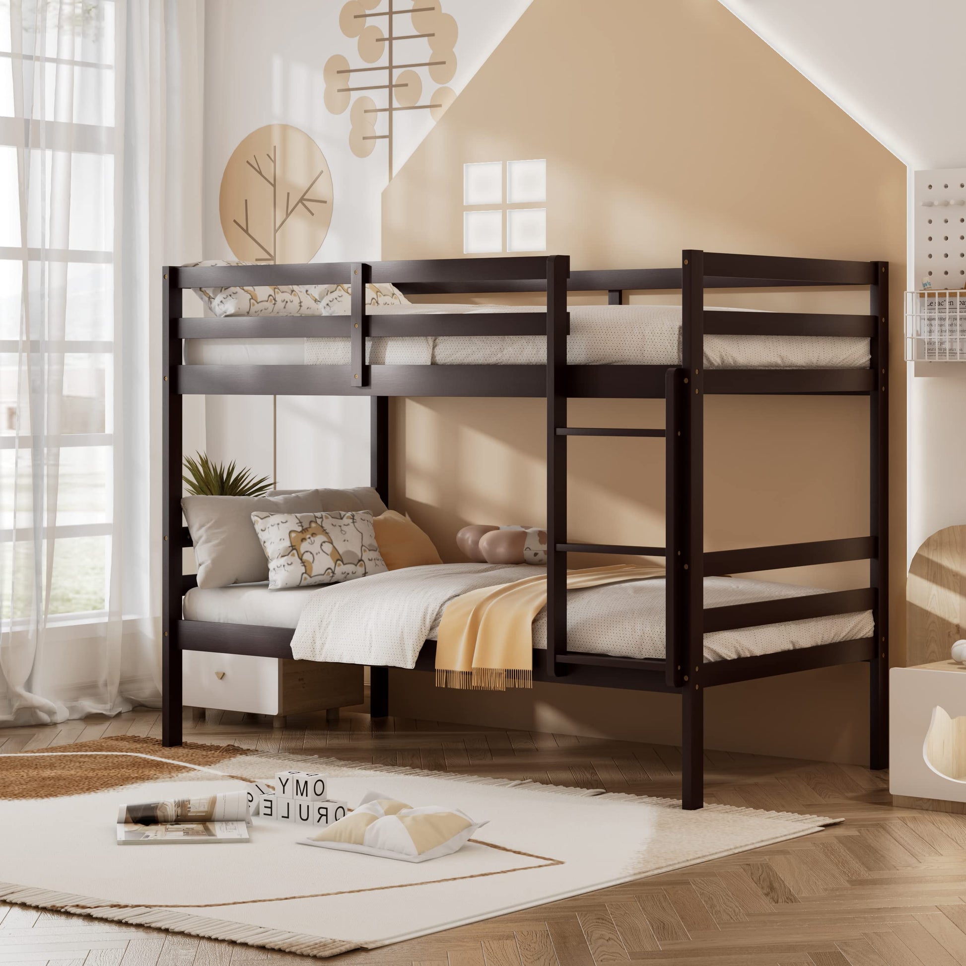 KOMFOTT Espresso Twin Over Twin Wood Bunk Bed with Ladder & Safety Guardrail - WoodArtSupply