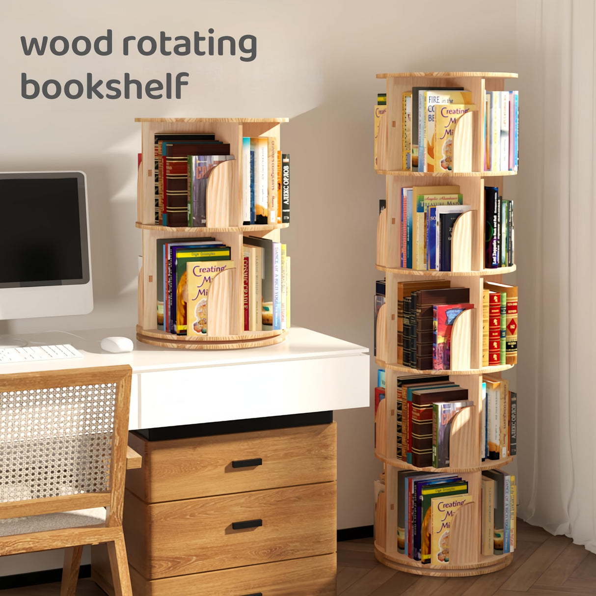 TidyEasy 2 Tier Rotating Bookshelf, 360° Display Floor Standing Bookcase, Rotating Bookshelf for Kids & Adults, Spinning Bookshelf Tower for Classroom Bedroom Living Room TidyEasy
