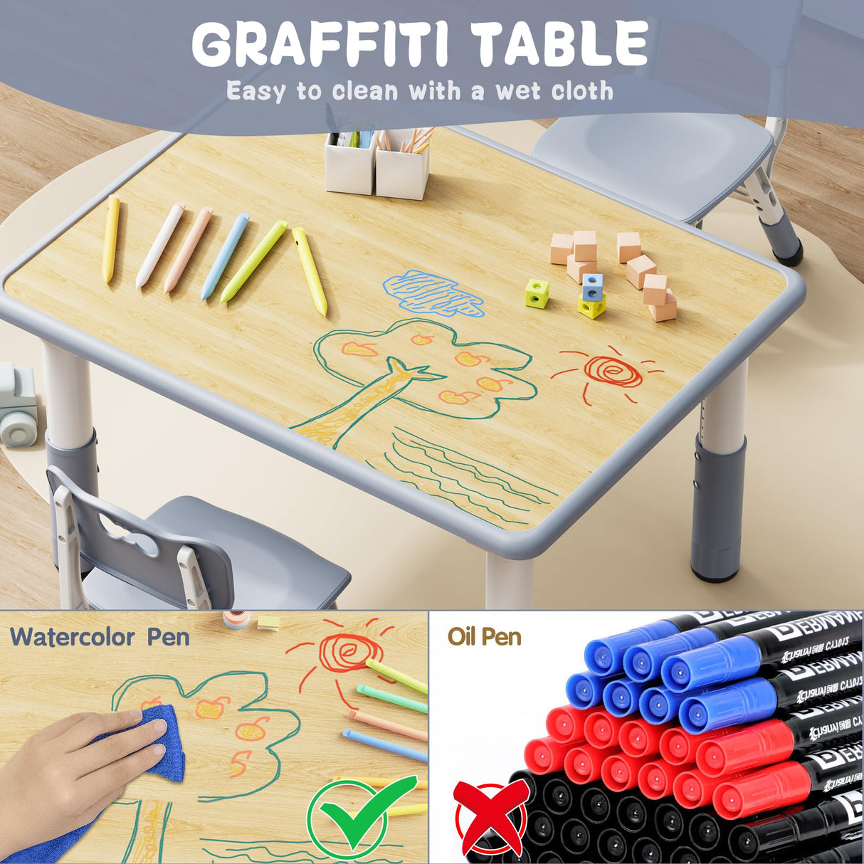 Brelley Kids Table and 2 Chairs Set, Height Adjustable Toddler Table and Chair Set, Graffiti Desktop, Classroom/Daycare/Home, Children Multi-Activity Table for Ages 2-8 Brelley