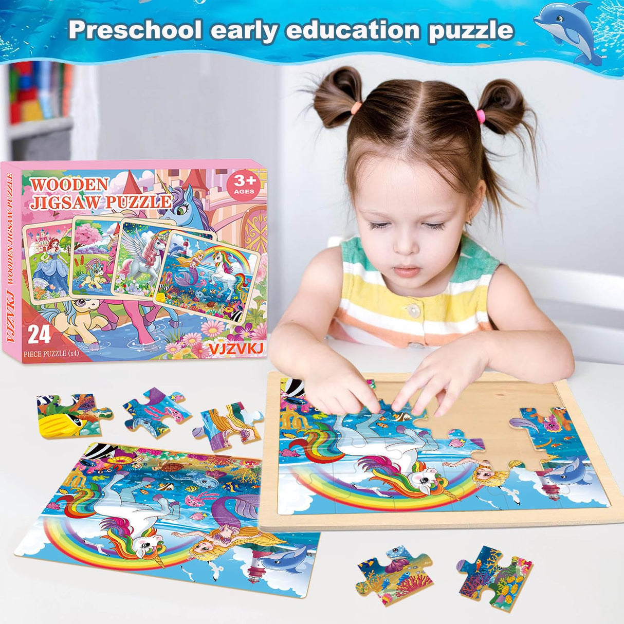 Wooden Puzzles for Kids Ages 4-6, Large 24 PCs Unicorn Mermaid Princess, Jigsaw Puzzles for Kids Ages 3-5, Preschool Educational Learning Toy for Boys and Girls VJZVKJ