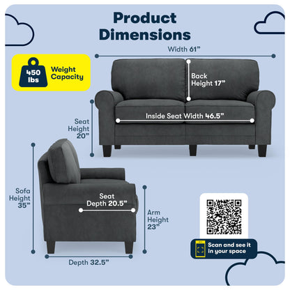 Serta Copenhagen Rolled Arm Sofa, Easy Care Polyester, Soft Pillow Back, Pocket Coil Seat Cushions, Removable Covers, Couch for Small Spaces, Living Rooms or Bedrooms, 61" Loveseat, Charcoal