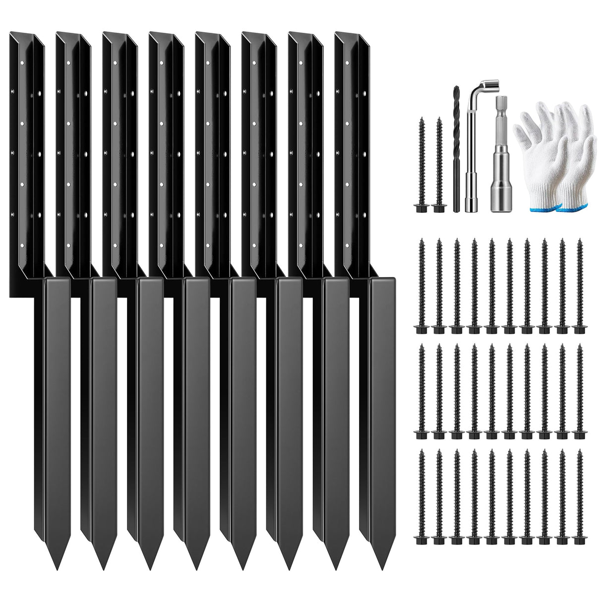 VIVOSUN Fence Post Repair Kit, Heavy-Duty Ground Spike with Gloves for Repairing Tilted or Broken Wood Posts (8 Pack, Black) VIVOSUN
