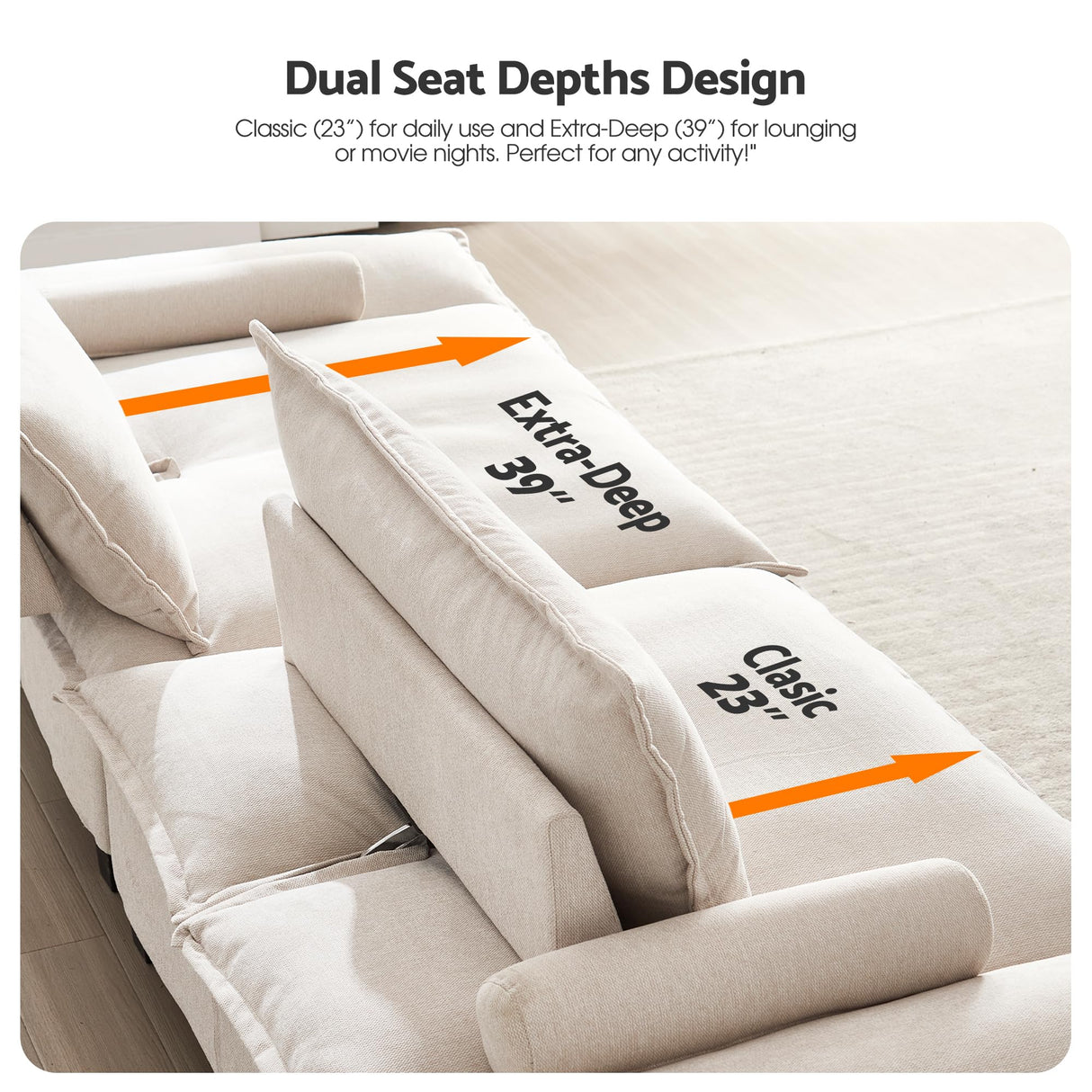 114” Modern Sailboat Loveseat Cloud Couch – Convertible Sofa Bed with Adjustable Depth, Deep Seats & Wide Armrests for Living Room, Apartment, or Small Spaces Beige smilesun