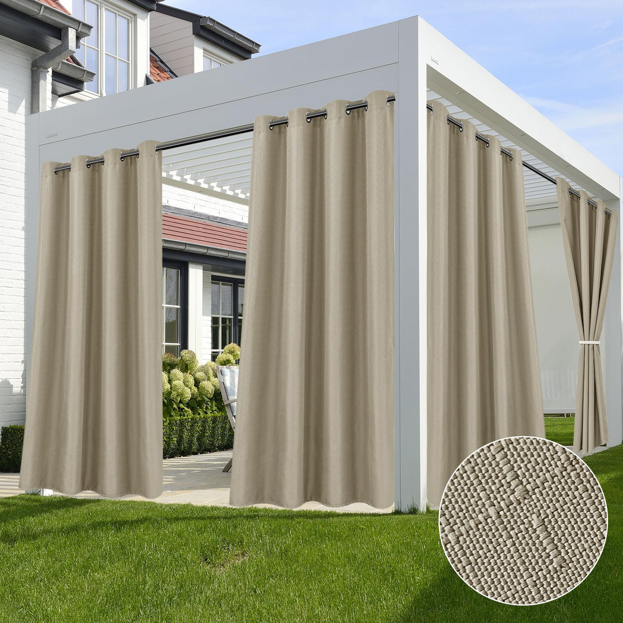 HolidayIdeas Outdoor Curtains for Patio Waterproof-4 Panels Linen Gazebo Curtains 54"x84"-Indoor/Outside Privacy Taupe Curtains Weatherproof Weighted for Pergola, Porch,Backyard,Living Room,Sunroom HolidayIdeas