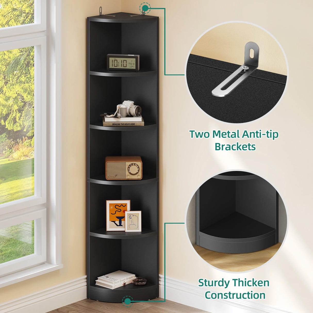 YITAHOME 5-Tier Black Corner Bookshelf - Modern Free Standing Display Bookcase YITAHOME