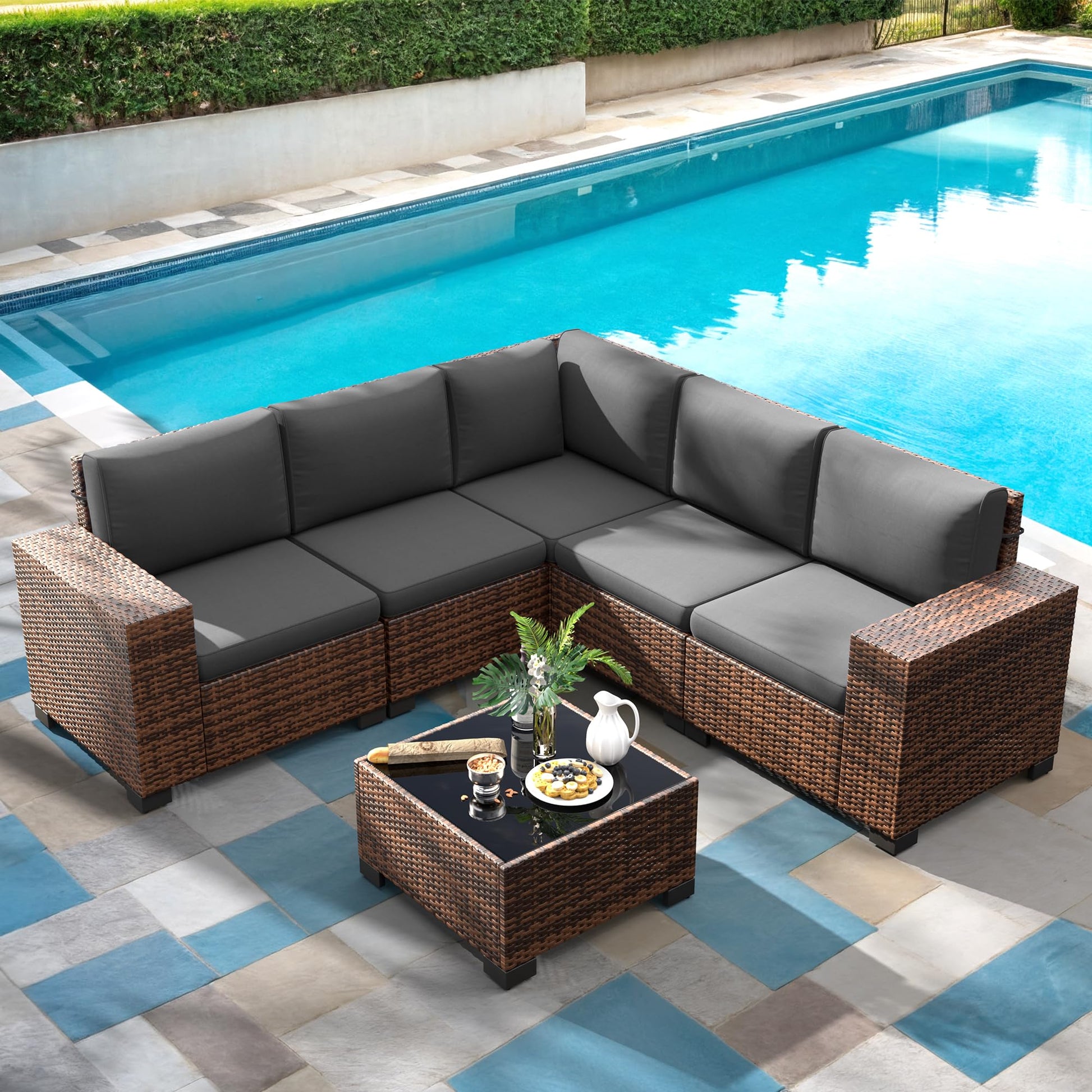 Amopatio Outdoor Sectional Furniture Set 6-Piece Brown Rattan Wicker Conversation Sofa Set with Glass Top Table and Waterproof Covers,Grey Cushions - WoodArtSupply