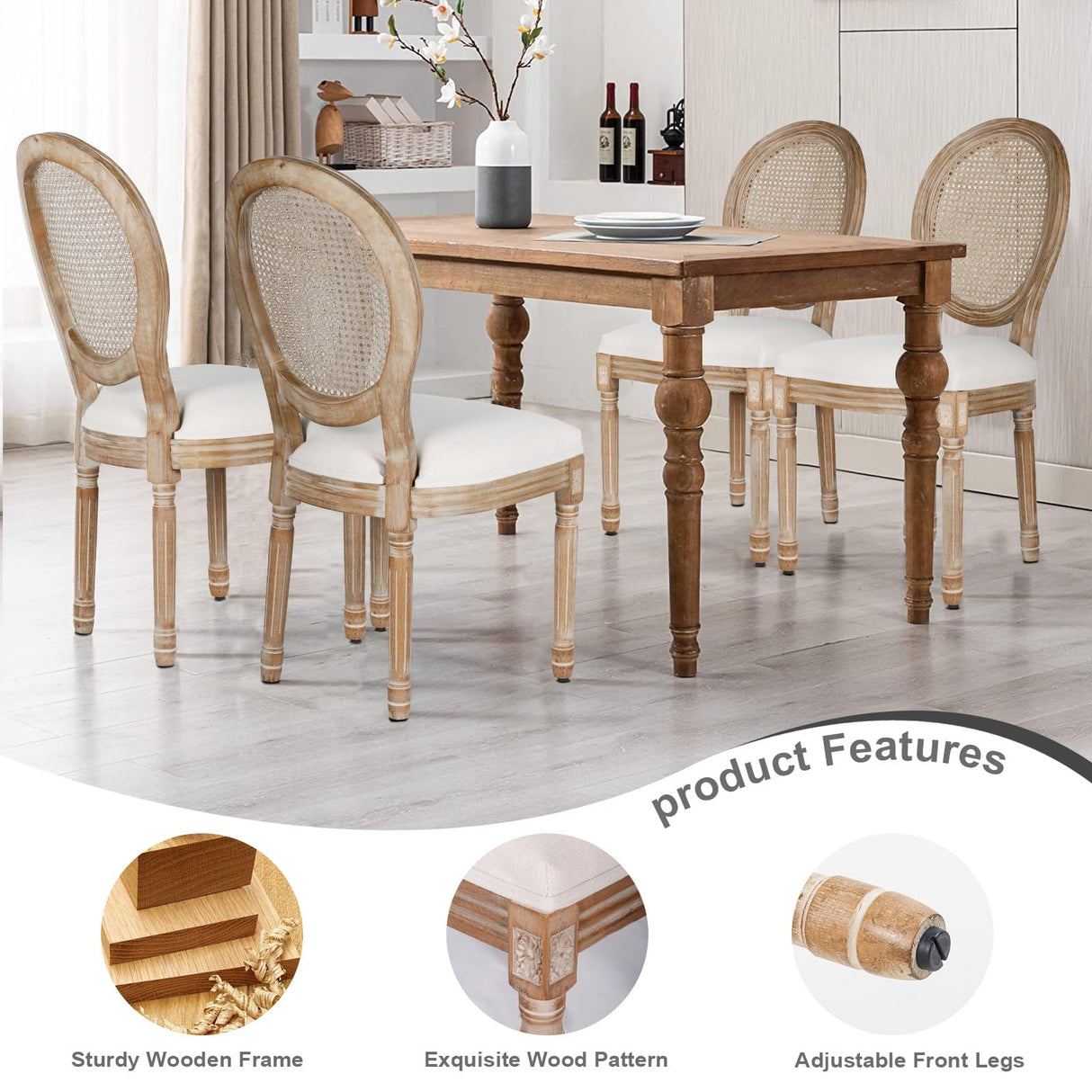 Polar Aurora Dining Chairs Set of 4 Beige Rattan Round Back with Solid Wood Legs and Frame for French Country Kitchen Dining Room Polar Aurora